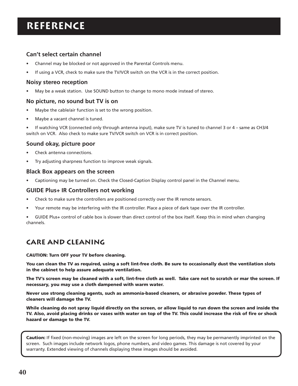 Reference, Care and cleaning | RCA P46920BL  EN User Manual | Page 40 / 48