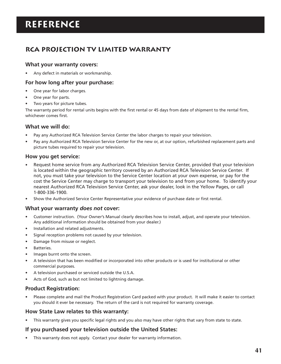 Reference, Rca projection tv limited warranty | RCA P46920BL  EN User Manual | Page 41 / 48
