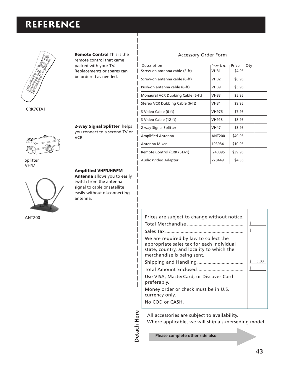Reference, Detach her e, Accessory order form | Please complete other side also, Crk76ta1 | RCA P46920BL  EN User Manual | Page 43 / 48