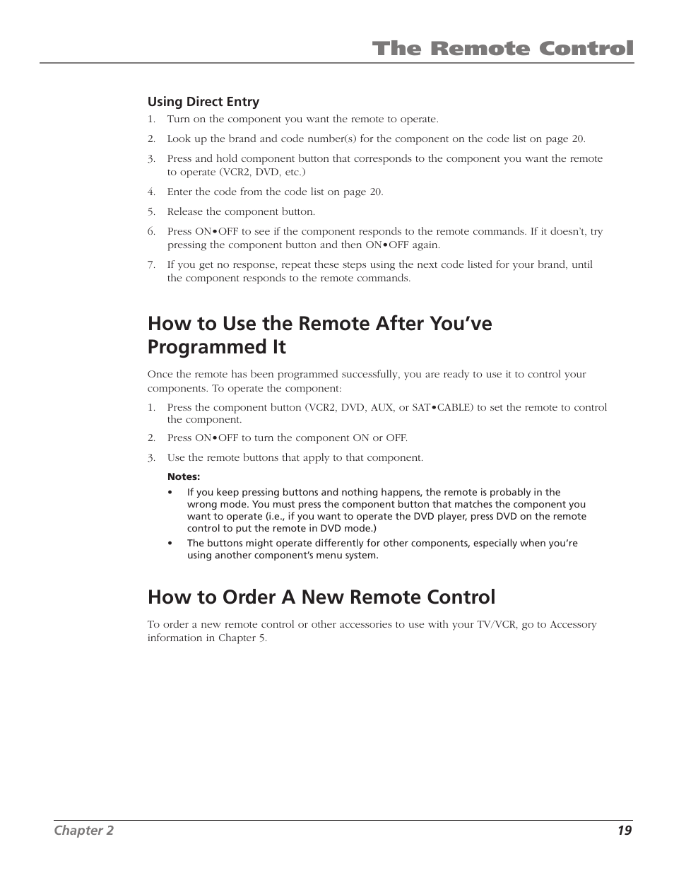 The remote control, How to use the remote after you’ve programmed it, How to order a new remote control | RCA TruFlat T20TF668 User Manual | Page 21 / 56