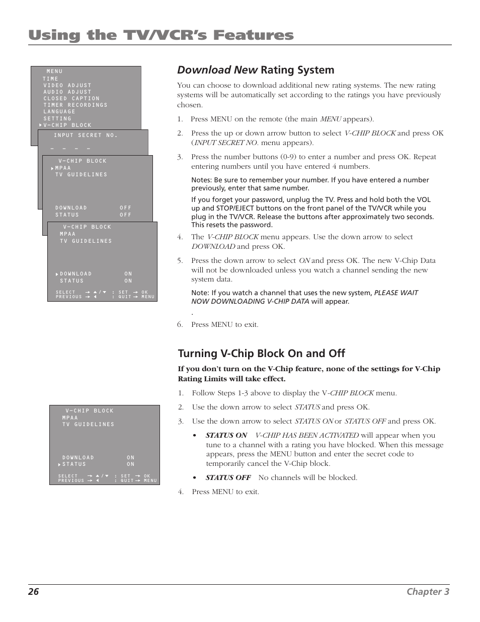 Using the tv/vcr’s features, Download new rating system, Turning v-chip block on and off | 26 chapter 3 | RCA TruFlat T20TF668 User Manual | Page 28 / 56