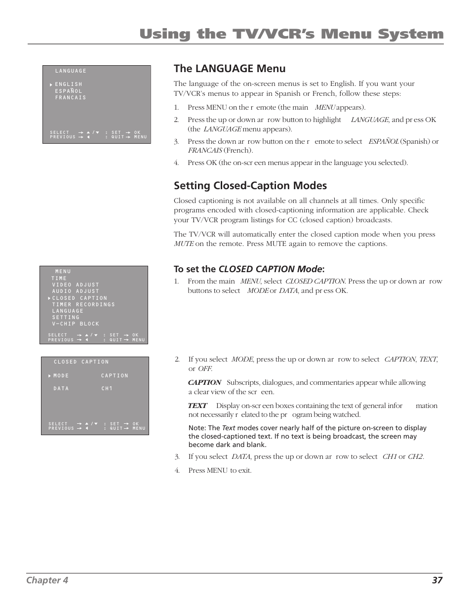 Using the tv/vcr’s menu system, The language menu, Setting closed-caption modes | RCA TruFlat T20TF668 User Manual | Page 39 / 56