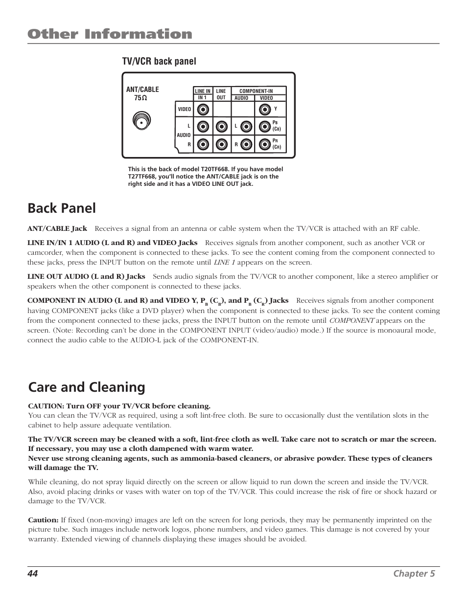 Other information, Back panel, Care and cleaning | Tv/vcr back panel, 44 chapter 5 | RCA TruFlat T20TF668 User Manual | Page 46 / 56
