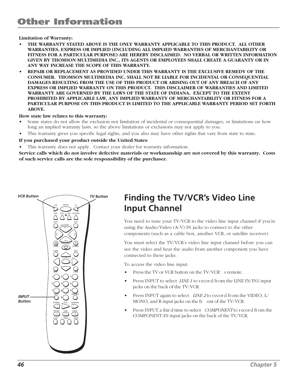 Other information, Finding the tv/vcr’s video line input channel, 46 chapter 5 | RCA TruFlat T20TF668 User Manual | Page 48 / 56