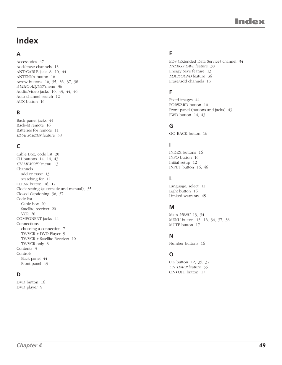 Index | RCA TruFlat T20TF668 User Manual | Page 51 / 56