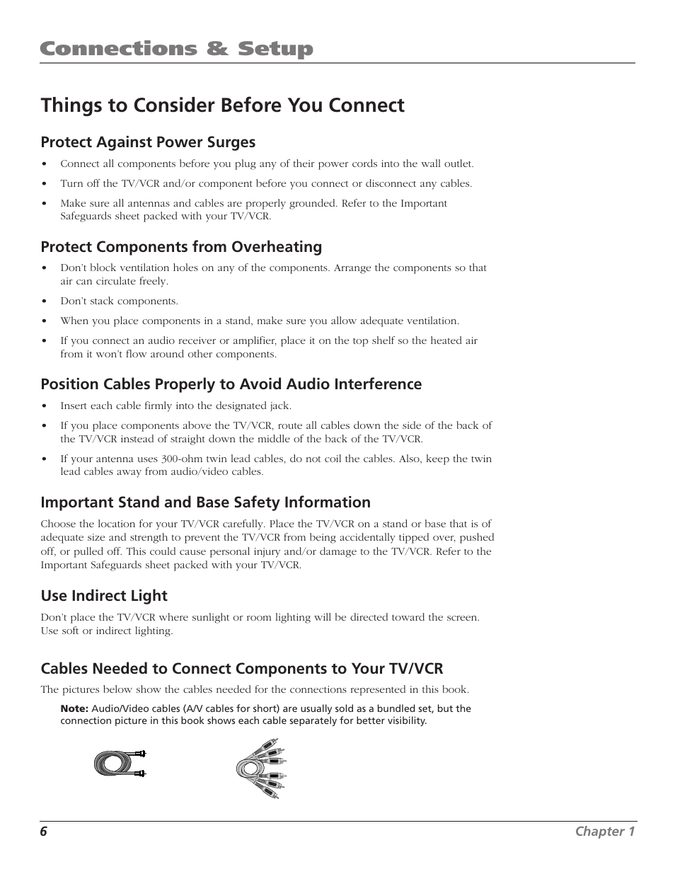 Protect against power surges, Protect components from overheating, Important stand and base safety information | Use indirect light, Cables needed to connect components to your tv/vcr | RCA TruFlat T20TF668 User Manual | Page 8 / 56