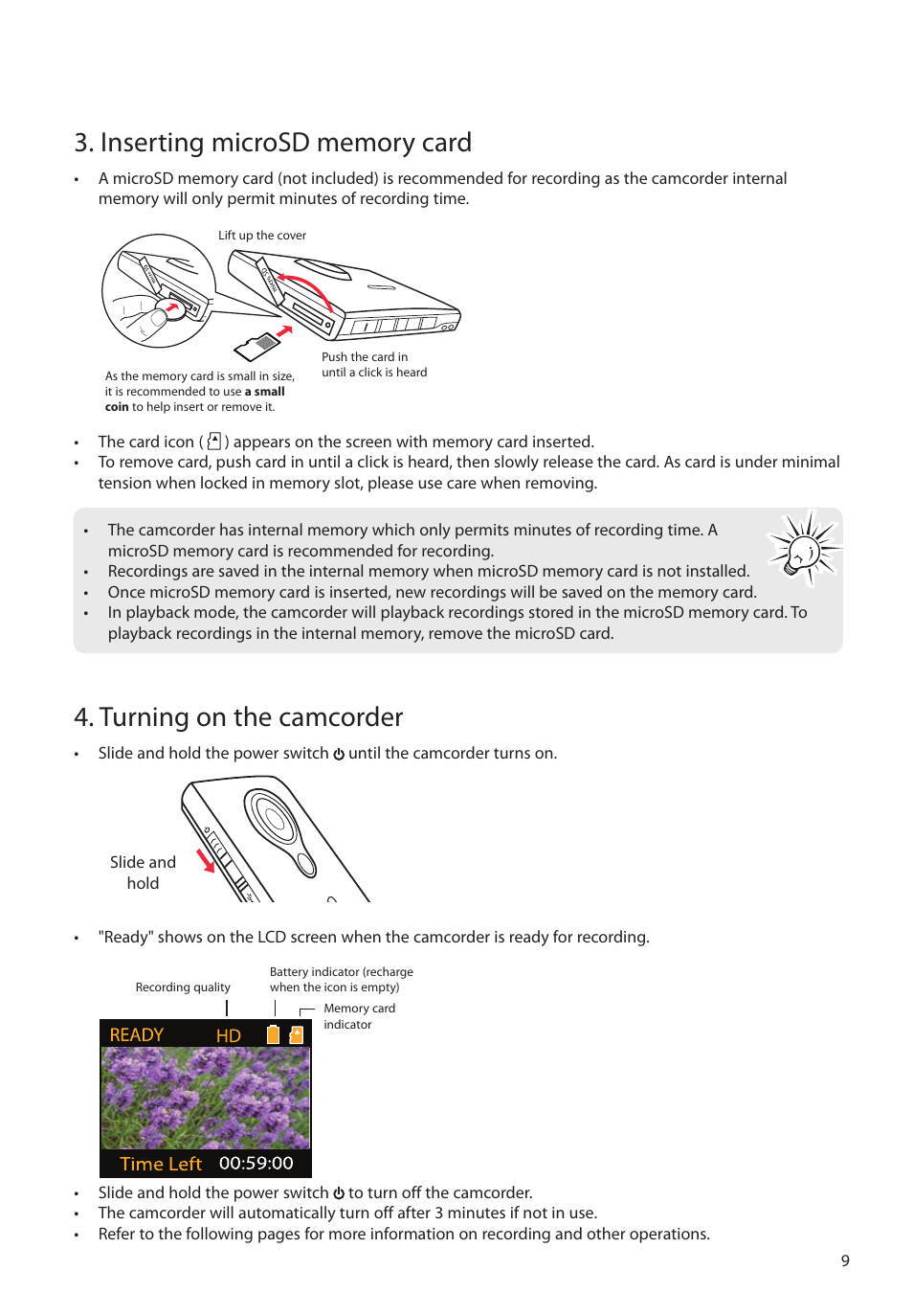 Inserting microsd memory card, Turning on the camcorder | RCA EZ2000BK User Manual | Page 10 / 29