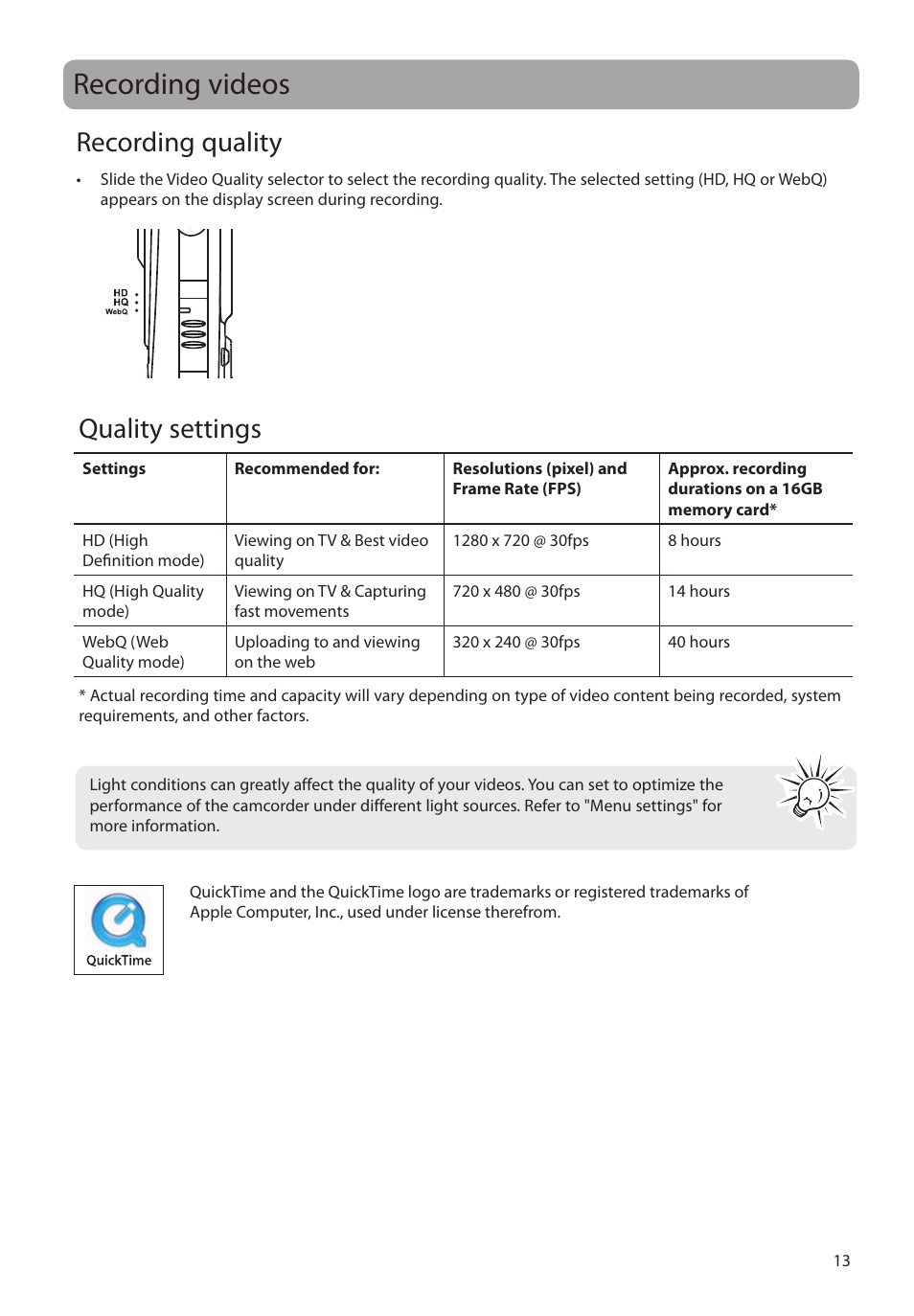 Recording videos, Recording quality, Quality settings | RCA EZ2000BK User Manual | Page 14 / 29