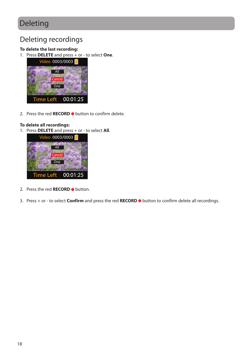 Deleting, Deleting recordings | RCA EZ2000BK User Manual | Page 19 / 29