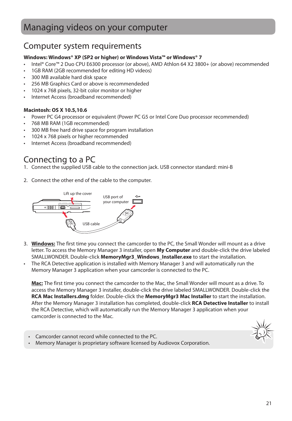 Managing videos on your computer, Computer system requirements, Connecting to a pc | RCA EZ2000BK User Manual | Page 22 / 29