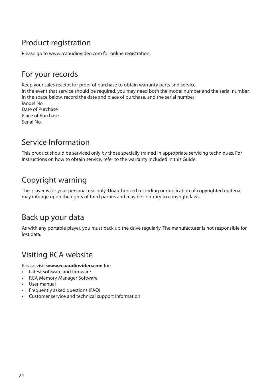 Product registration, For your records, Service information | Copyright warning, Back up your data, Visiting rca website | RCA EZ2000BK User Manual | Page 25 / 29