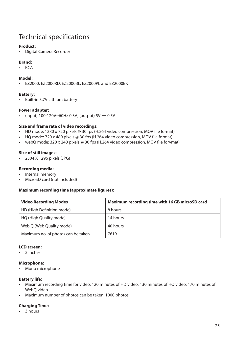 Technical specifications | RCA EZ2000BK User Manual | Page 26 / 29