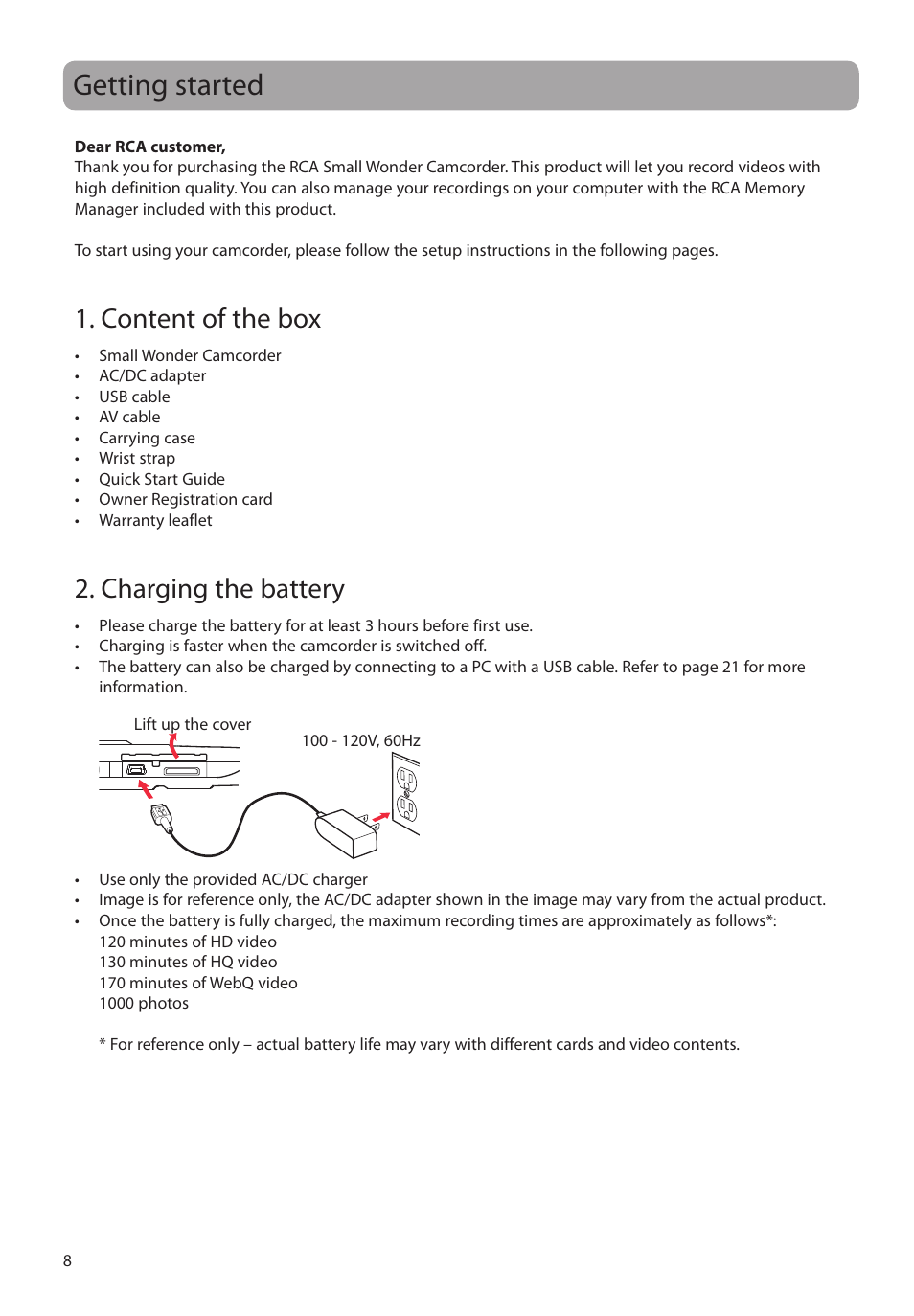 Getting started, Content of the box, Charging the battery | RCA EZ2000BK User Manual | Page 9 / 29