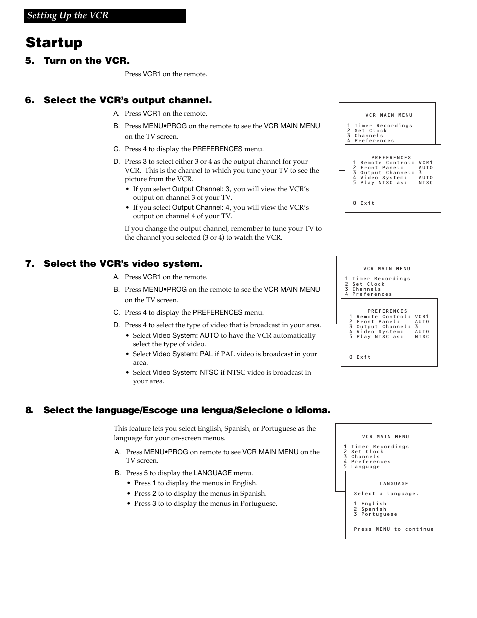 Startup, Turn on the vcr, Select the vcr’s output channel | Select the vcr’s video system | RCA VGM300 User Manual | Page 10 / 36