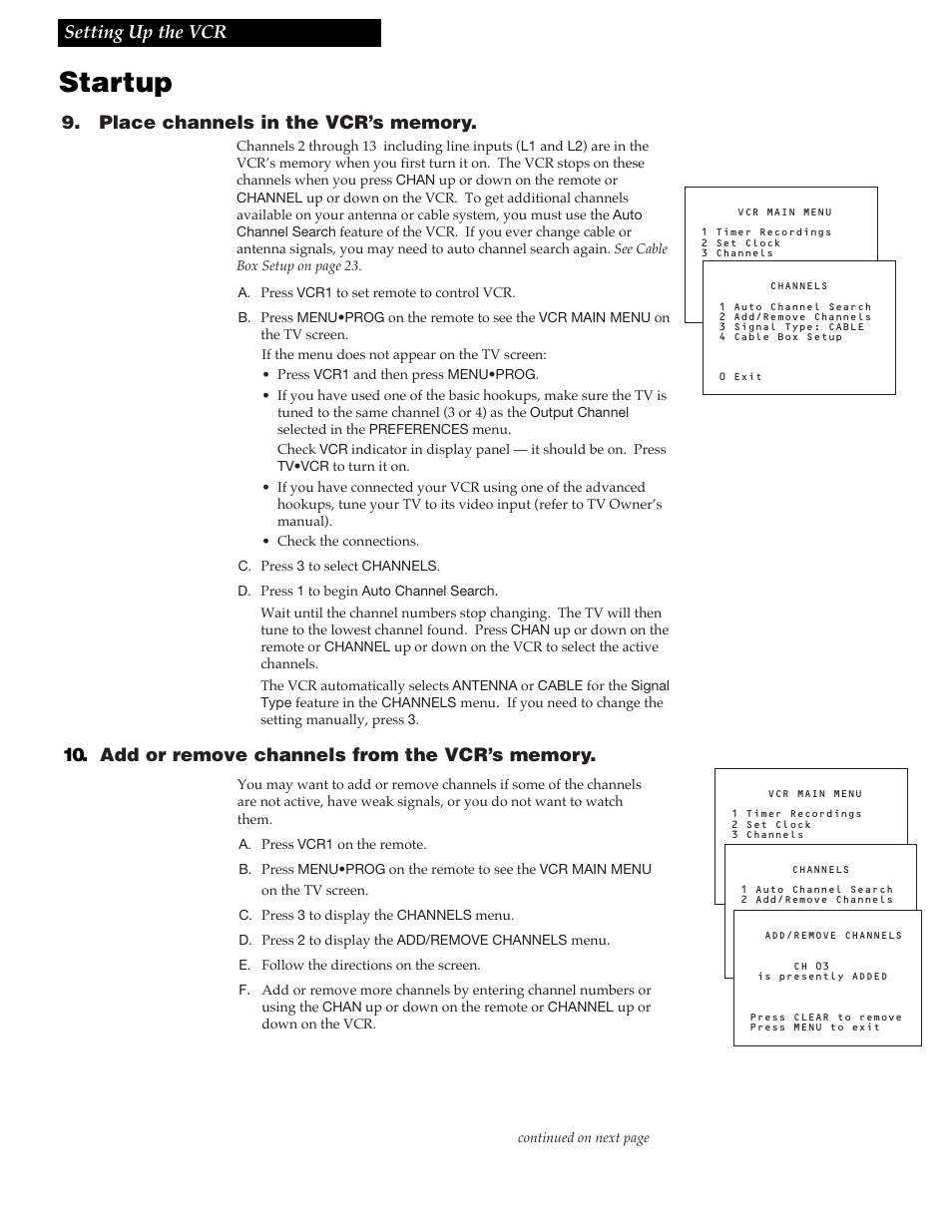 Startup, 9setting up the vcr | RCA VGM300 User Manual | Page 11 / 36