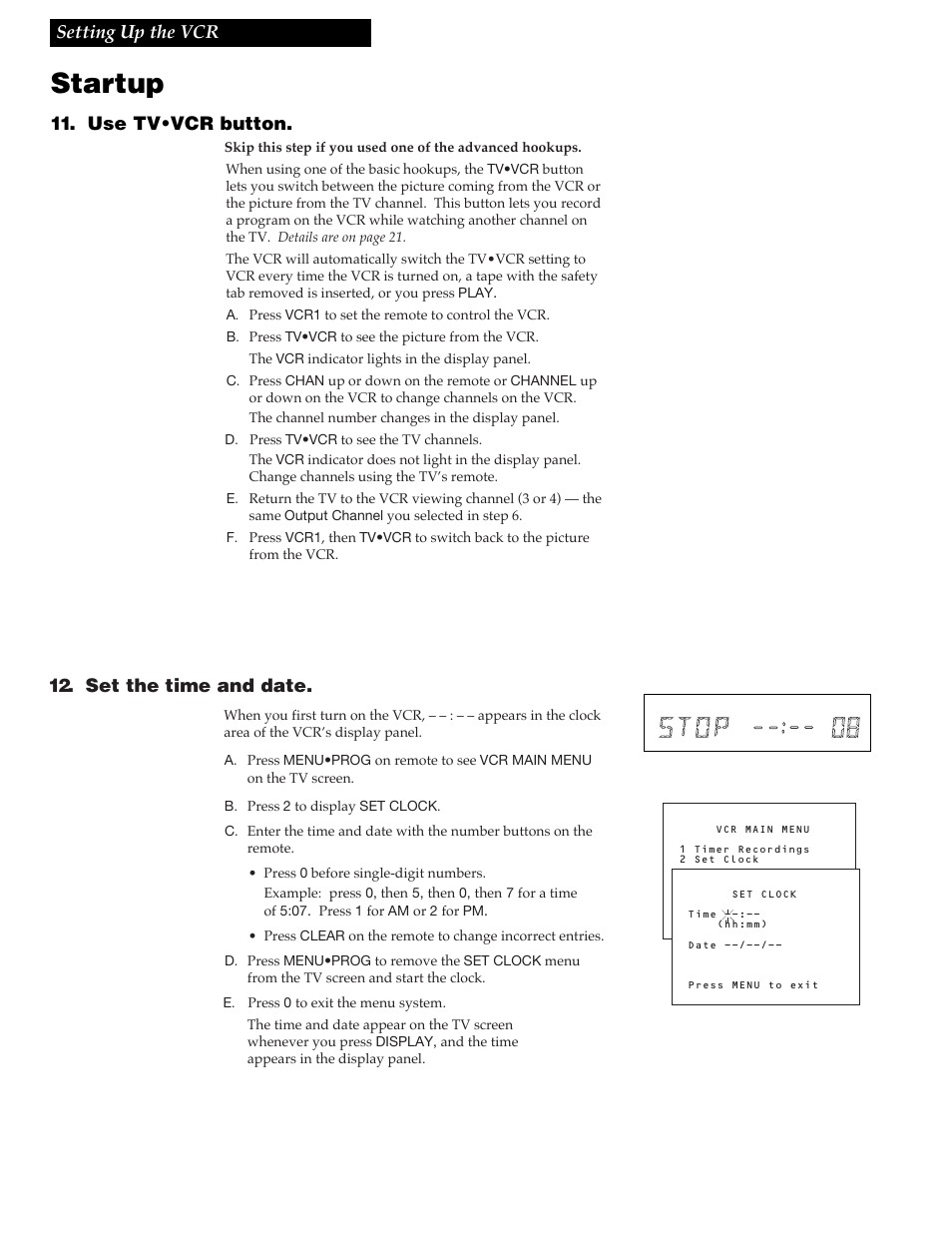 Startup, 10 setting up the vcr, Use tv•vcr button | Set the time and date | RCA VGM300 User Manual | Page 12 / 36
