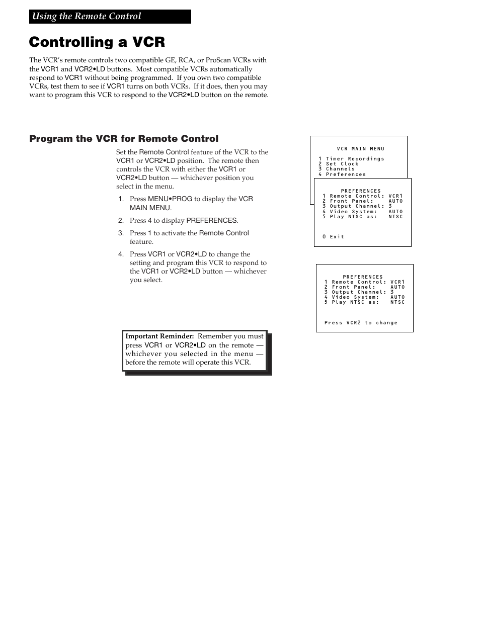 Using the remote control, Controlling a vcr, 11 using the remote control | Program the vcr for remote control | RCA VGM300 User Manual | Page 13 / 36