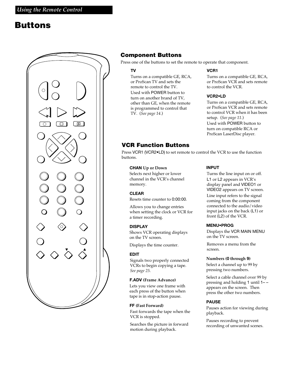 Component buttons, Buttons, 12 using the remote control | Vcr function buttons | RCA VGM300 User Manual | Page 14 / 36