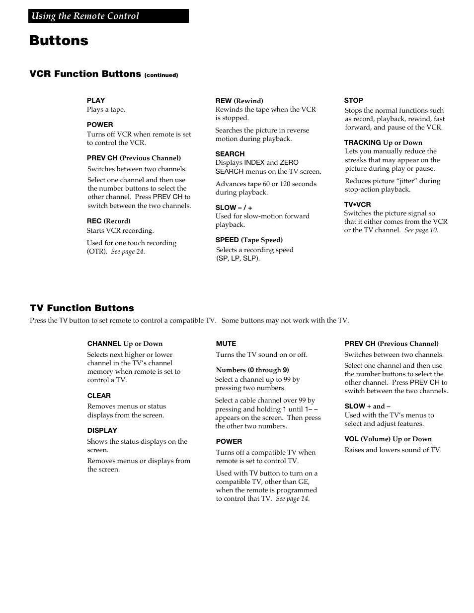 Buttons, 13 using the remote control, Vcr function buttons | Tv function buttons | RCA VGM300 User Manual | Page 15 / 36