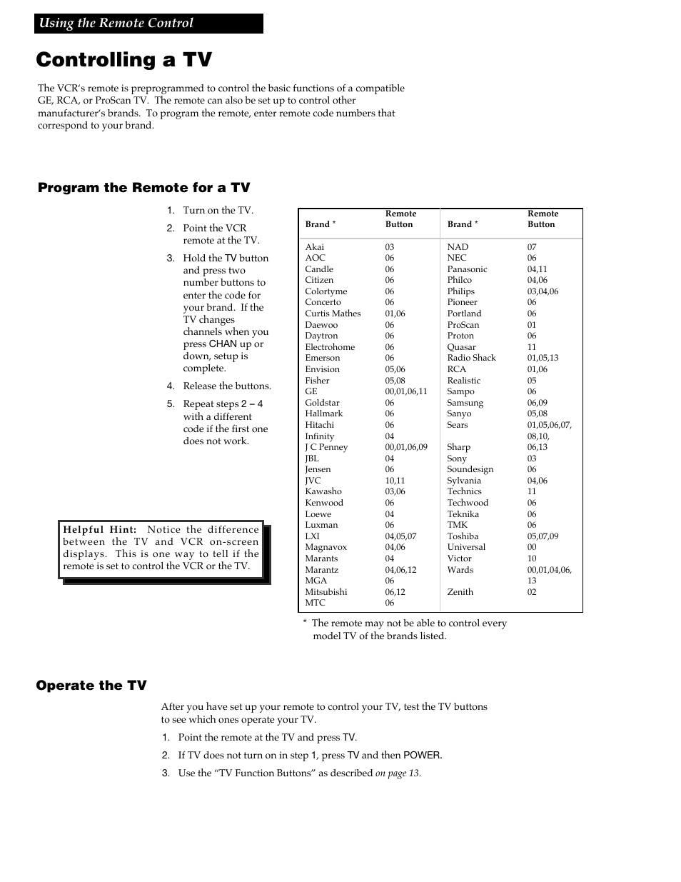 Controlling a tv, 14 using the remote control, Operate the tv | Program the remote for a tv | RCA VGM300 User Manual | Page 16 / 36
