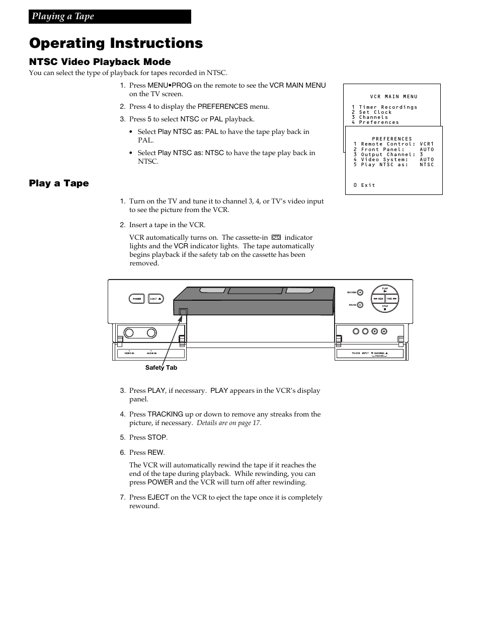 Playing a tape, Operating instructions, 15 playing a tape | Ntsc video playback mode, Play a tape | RCA VGM300 User Manual | Page 17 / 36