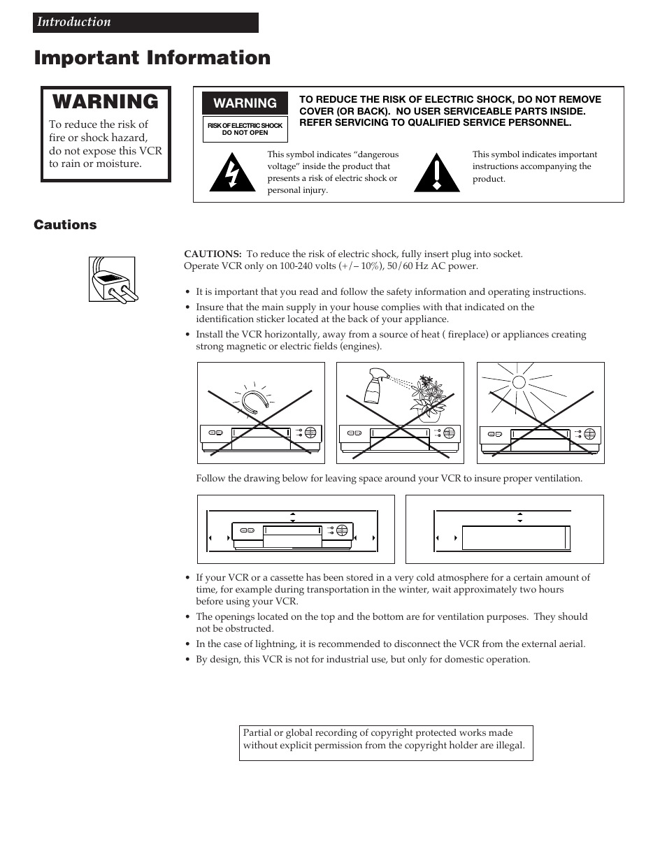 Important information, Warning, Cautions | Iintroduction, Cautions warning | RCA VGM300 User Manual | Page 2 / 36