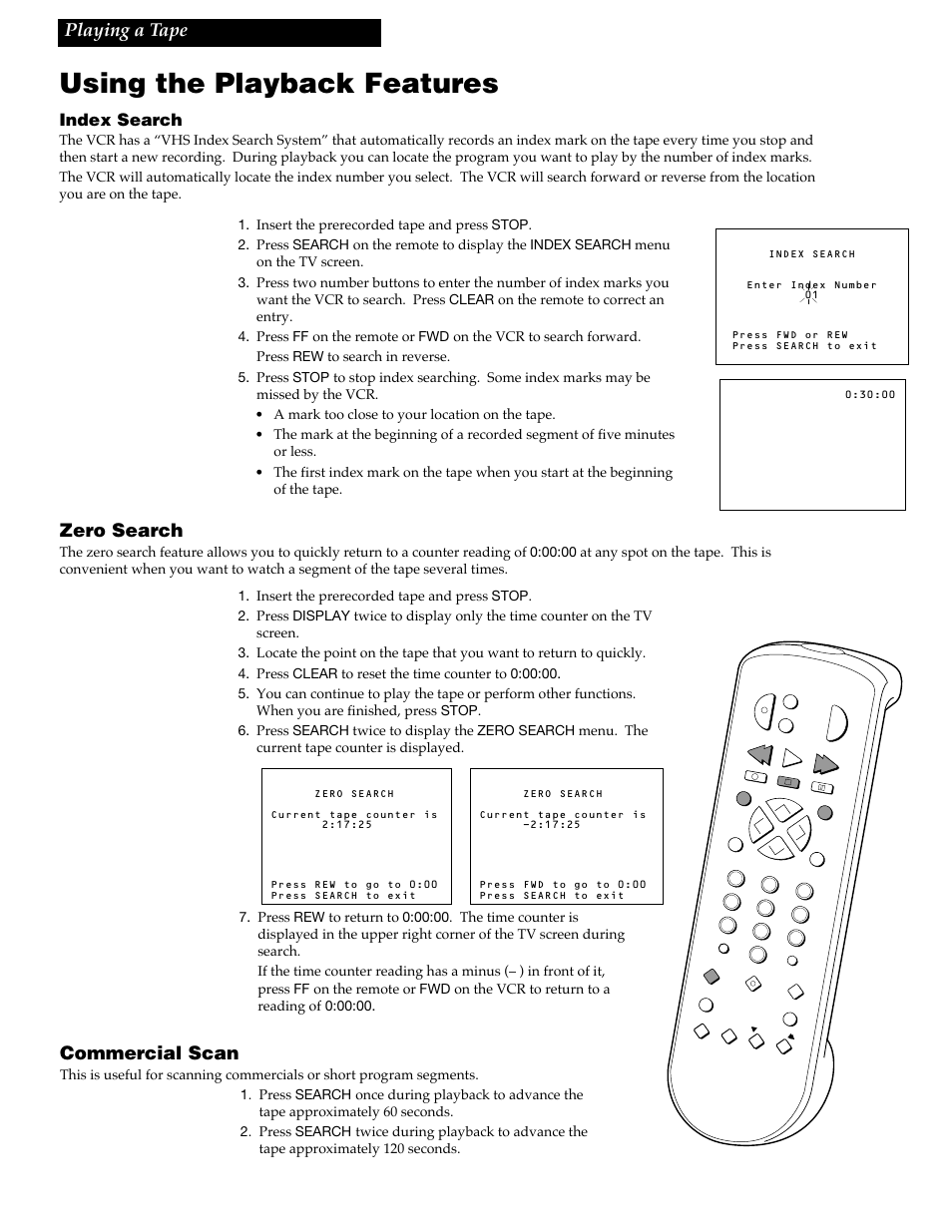 Using the playback features, Playing a tape, Zero search | Commercial scan, Index search | RCA VGM300 User Manual | Page 21 / 36