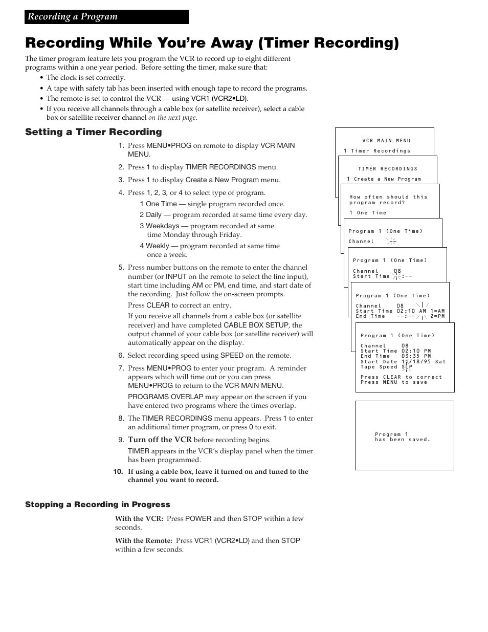 Recording while you’re away (timer recording), 22 recording a program, Setting a timer recording | RCA VGM300 User Manual | Page 24 / 36