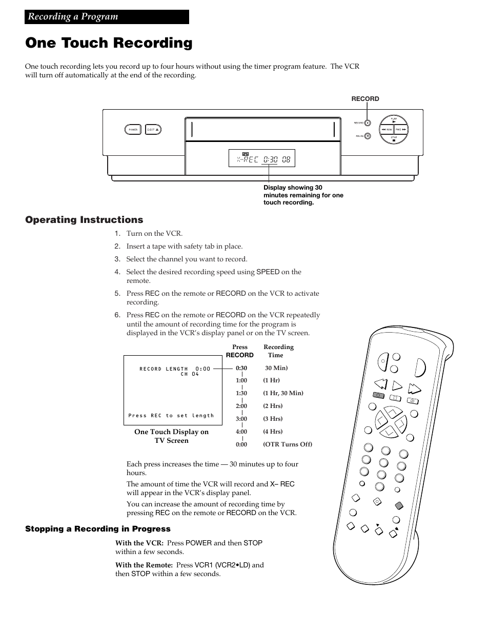 One touch recording, 24 recording a program, Operating instructions | Stopping a recording in progress, One touch display on tv screen | RCA VGM300 User Manual | Page 26 / 36