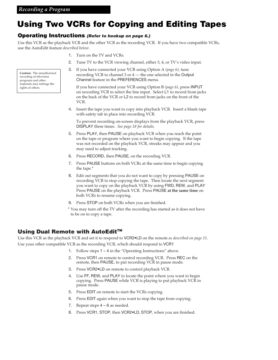 Using two vcrs for copying and editing tapes, Using dual remote with autoedit, 25 recording a program | Operating instructions | RCA VGM300 User Manual | Page 27 / 36