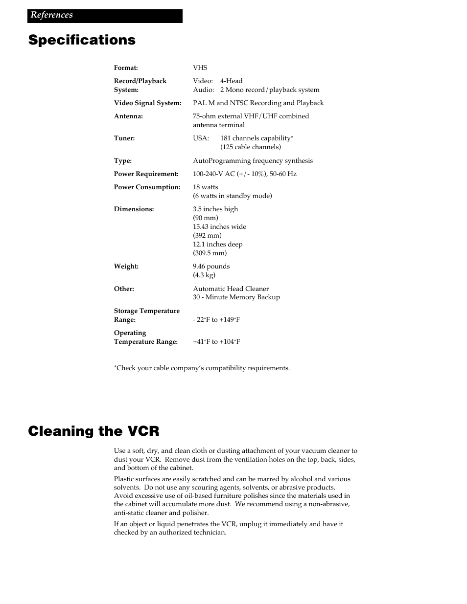 Specifications, Cleaning the vcr | RCA VGM300 User Manual | Page 31 / 36
