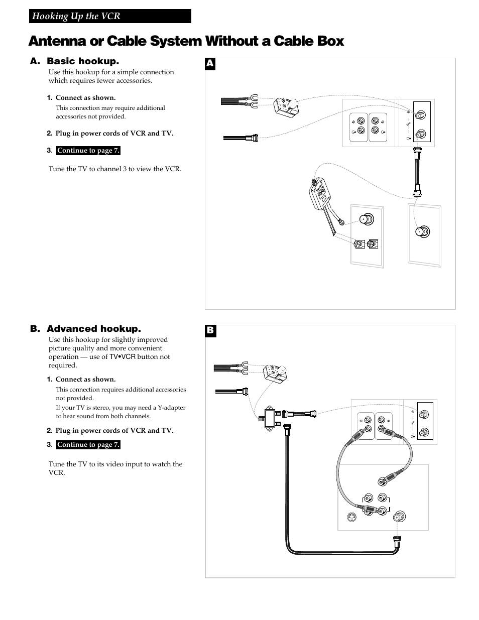 Antenna or cable system without a cable box, 3hooking up the vcr, A. basic hookup | B. advanced hookup | RCA VGM300 User Manual | Page 5 / 36
