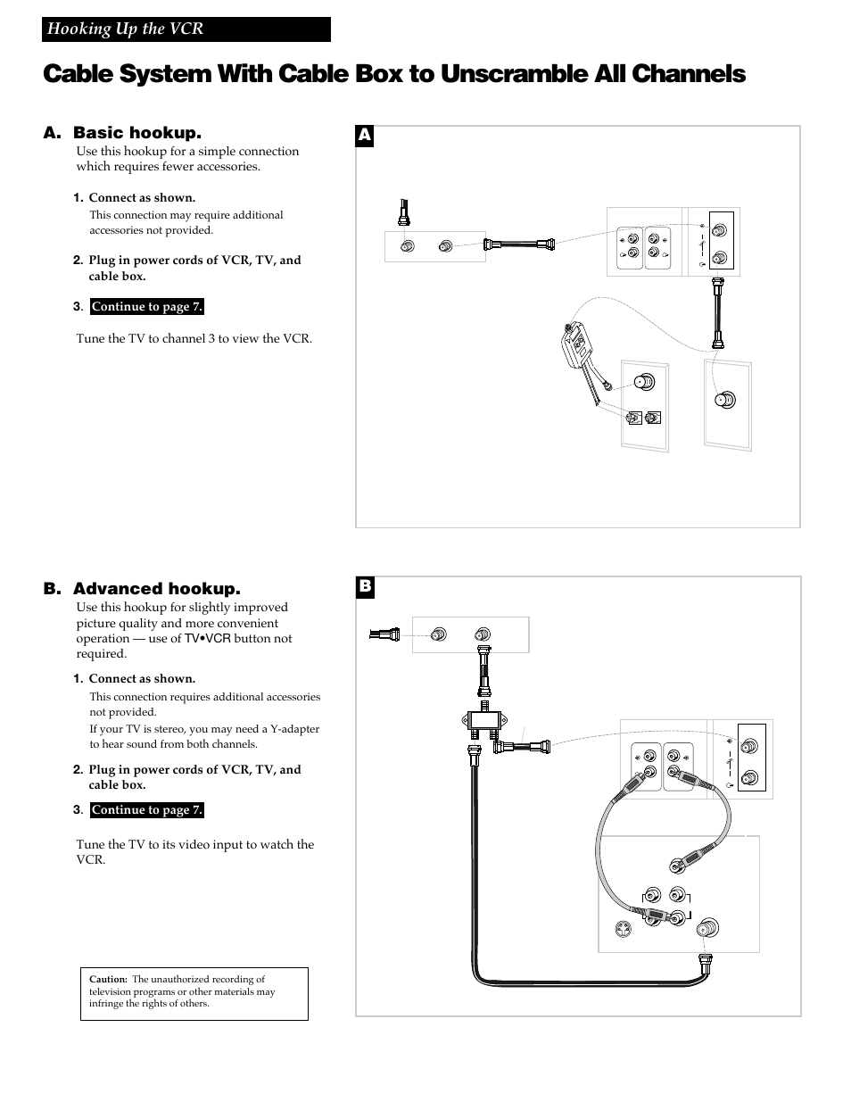 4hooking up the vcr, A. basic hookup, B. advanced hookup | Back of tv, Back of vcr, Cable box | RCA VGM300 User Manual | Page 6 / 36