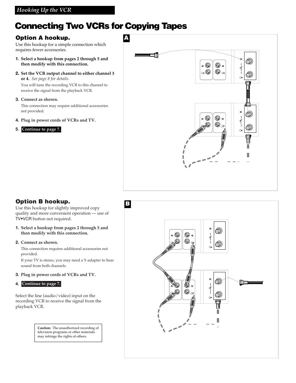 Connecting two vcrs for copying tapes, 6hooking up the vcr, Option a hookup | Option b hookup, Playback vcr, Recording vcr, Or use the previously selected hookup to the tv, Playback vcr (only) recording vcr | RCA VGM300 User Manual | Page 8 / 36