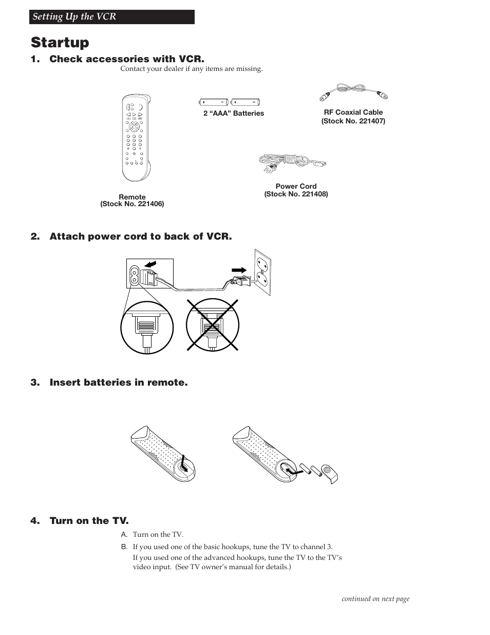 Setting up the vcr, Startup, Setting up the vcr 1. check accessories with vcr | Continued on next page, Contact your dealer if any items are missing | RCA VGM300 User Manual | Page 9 / 36