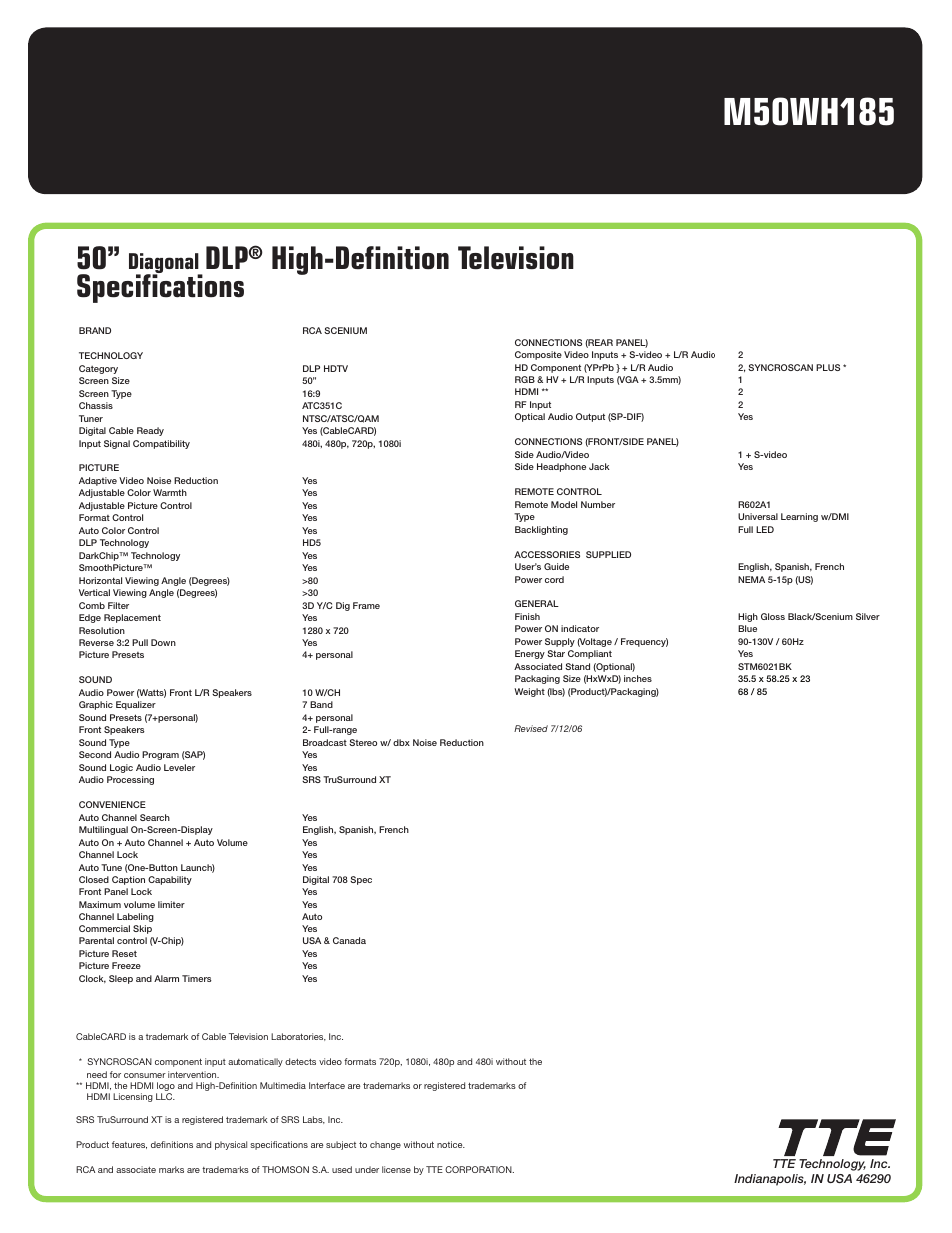 High-definition television specifications, Diagonal | RCA Scenium M50WH185 User Manual | Page 2 / 2