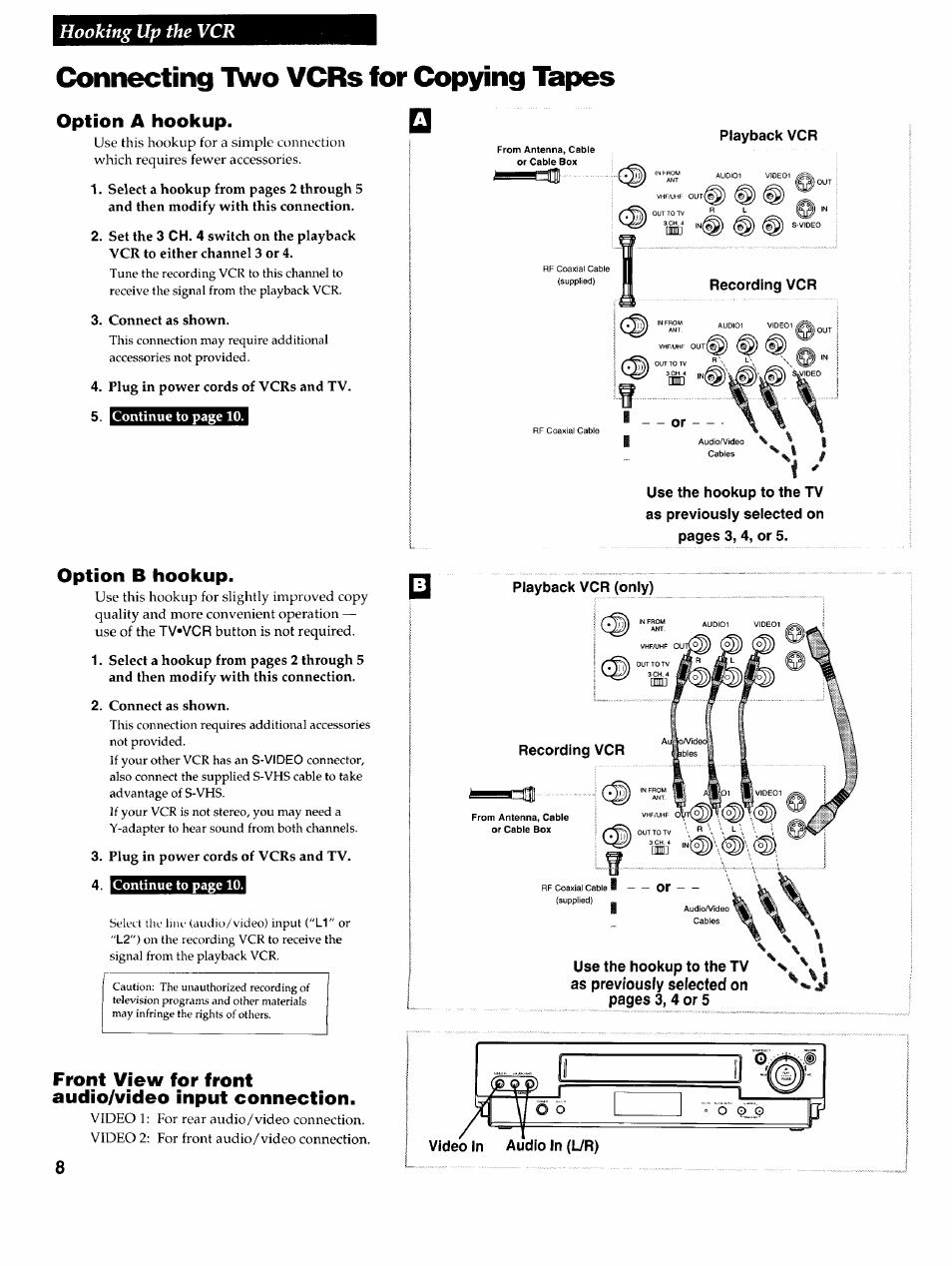 Connecting iwo vcrs for copying tapes, Option a hookup, Connect as shown | Plug in power cords of vcrs and tv, Option b hookup, Front view for front audio/video input connection, Playback vcr (only), Video in audio in (ur), Hooking up the vcr | RCA VR725HF User Manual | Page 10 / 56