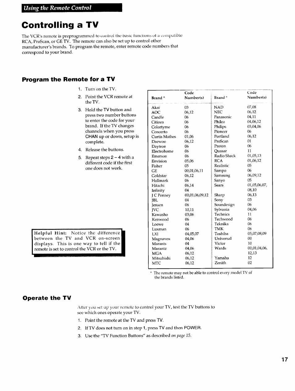 Controlling a tv, Operate the tv, Using the remote control | Program the remote for a tv | RCA VR725HF User Manual | Page 19 / 56