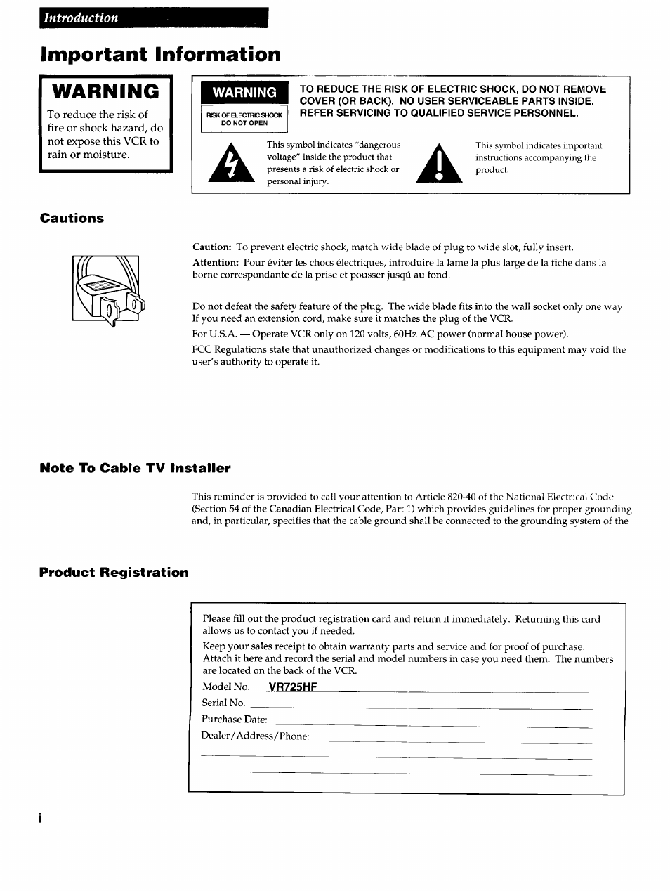 Important information, Warning, Cautions | Note to cable tv installer, Product registration, Important information warning | RCA VR725HF User Manual | Page 2 / 56