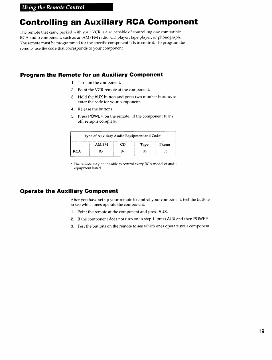 Controlling an auxiliary rca component, Program the remote for an auxiliary component, Operate the auxiliary component | Using the remote control | RCA VR725HF User Manual | Page 21 / 56