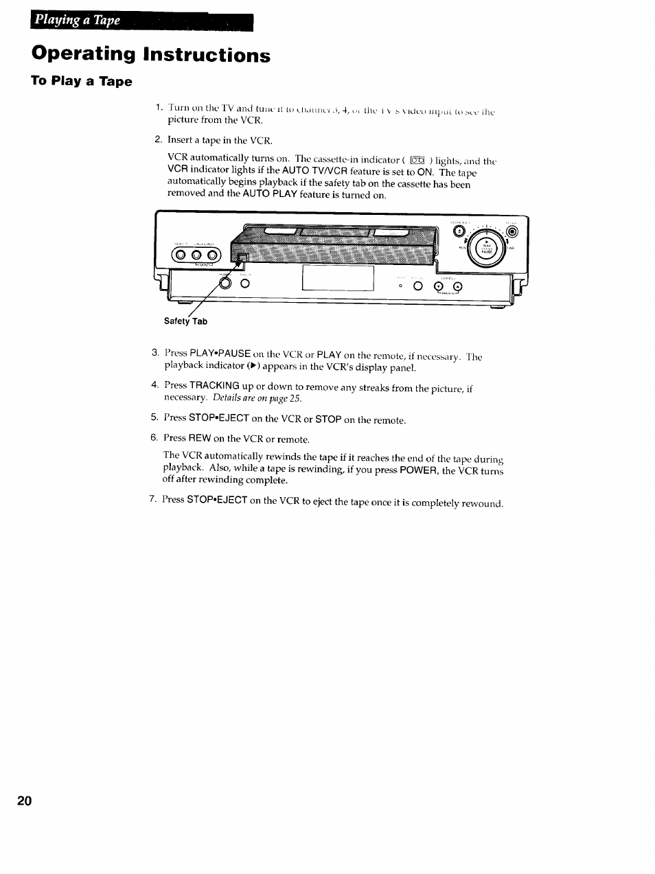 Operating instructions, Playing a tape | RCA VR725HF User Manual | Page 22 / 56