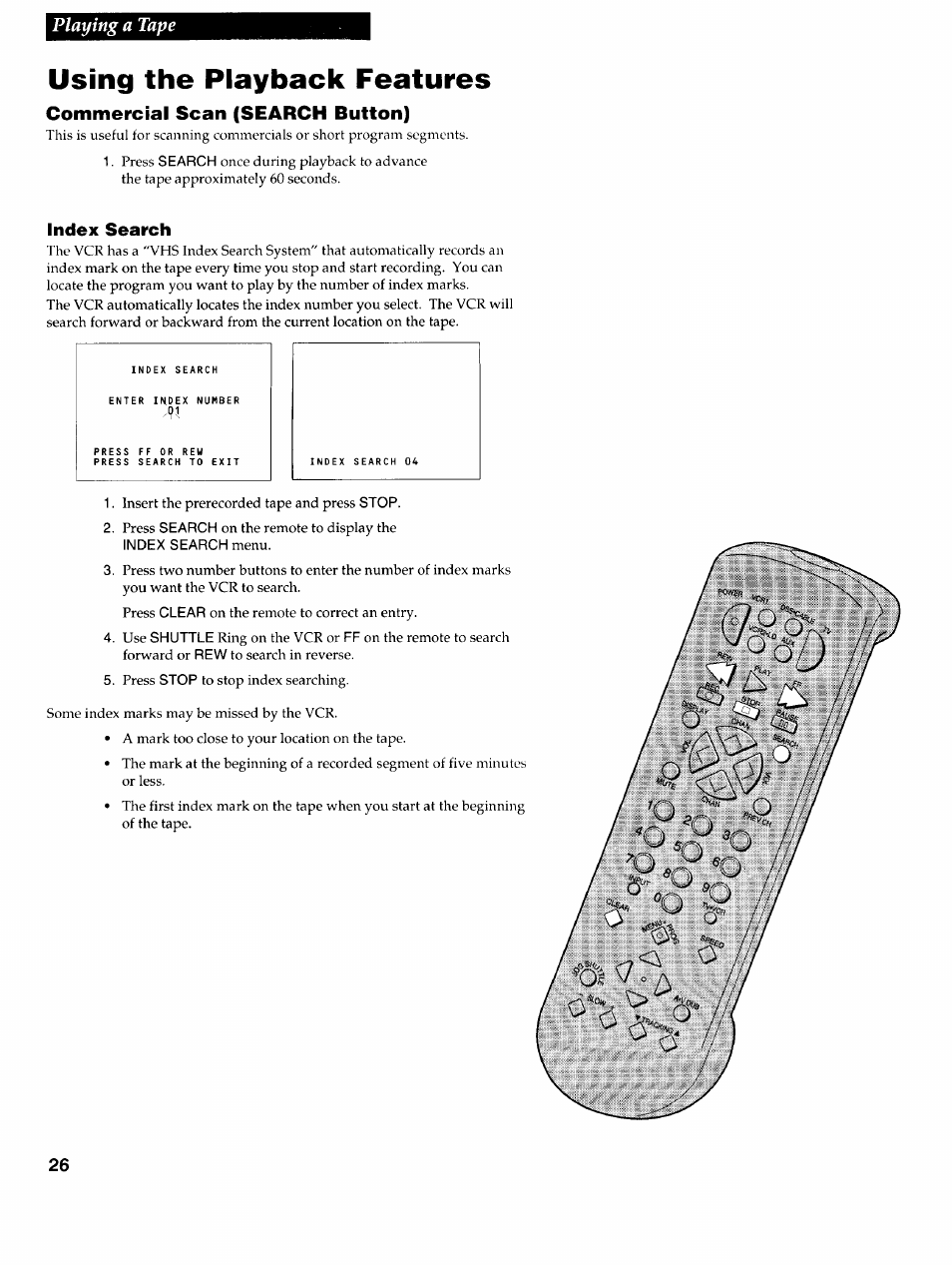 Commercial scan (search button), Index search, Using the playback features | Playing a tape | RCA VR725HF User Manual | Page 28 / 56