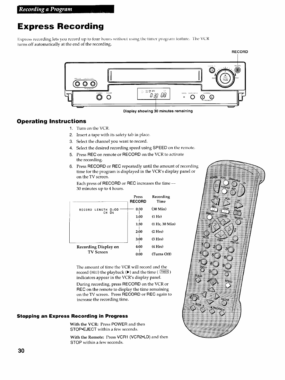 Express recording, Operating instructions, Record | Recording a program | RCA VR725HF User Manual | Page 32 / 56