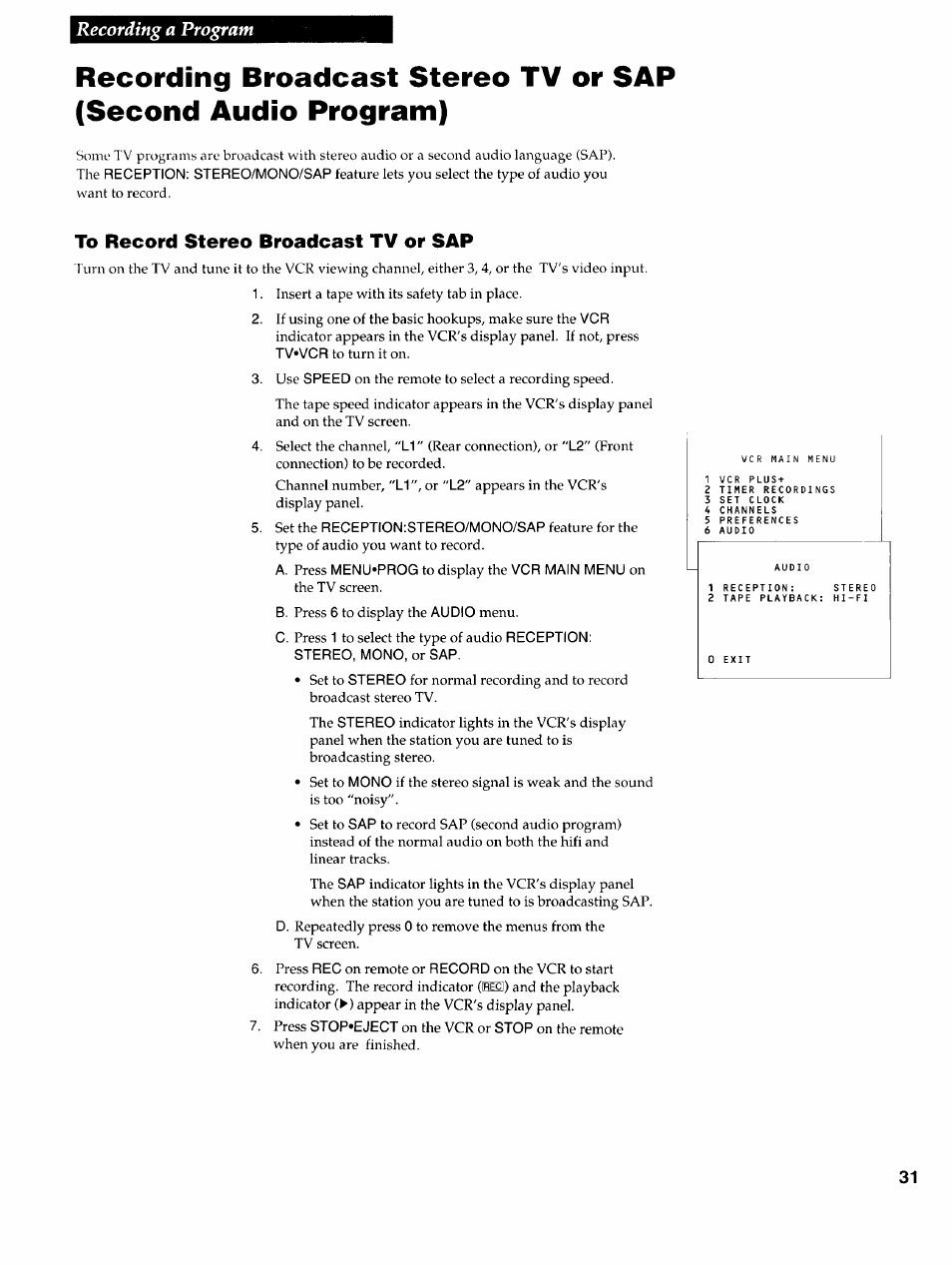 To record stereo broadcast tv or sap, Recording a program | RCA VR725HF User Manual | Page 33 / 56