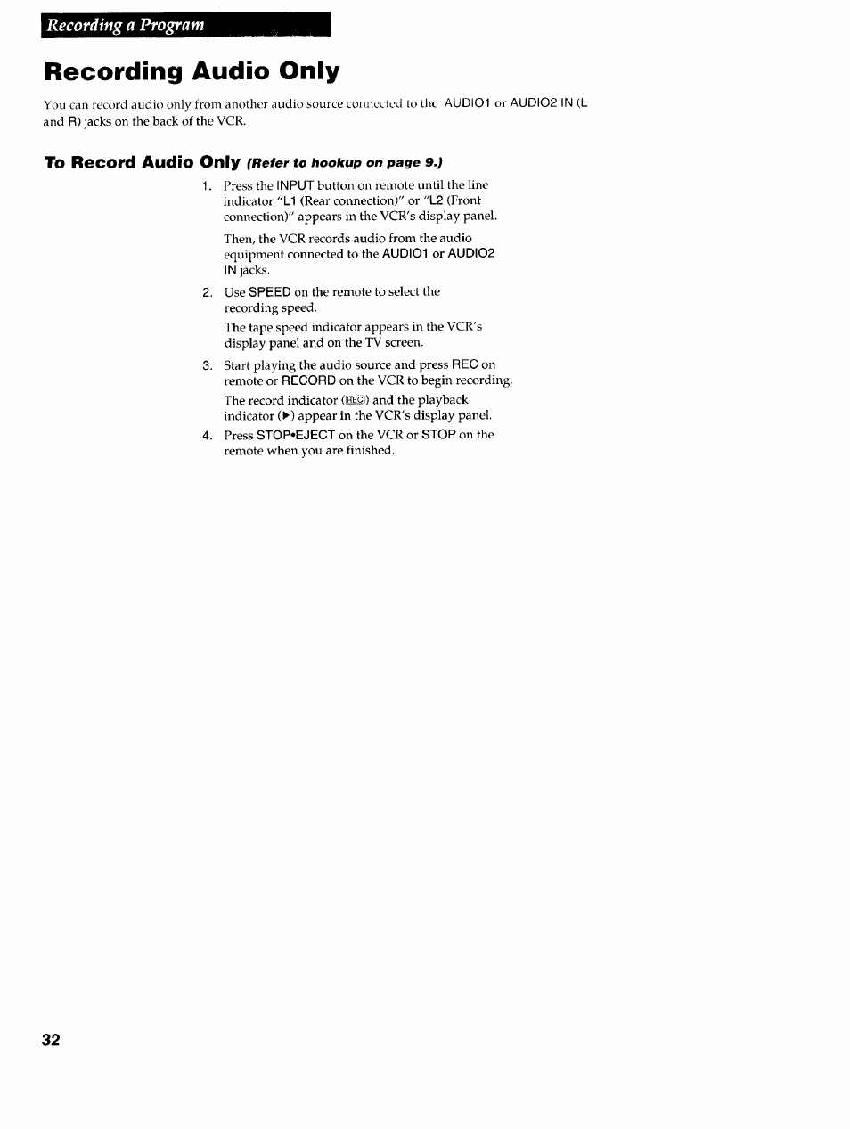 Recording audio only, Recording a program | RCA VR725HF User Manual | Page 34 / 56