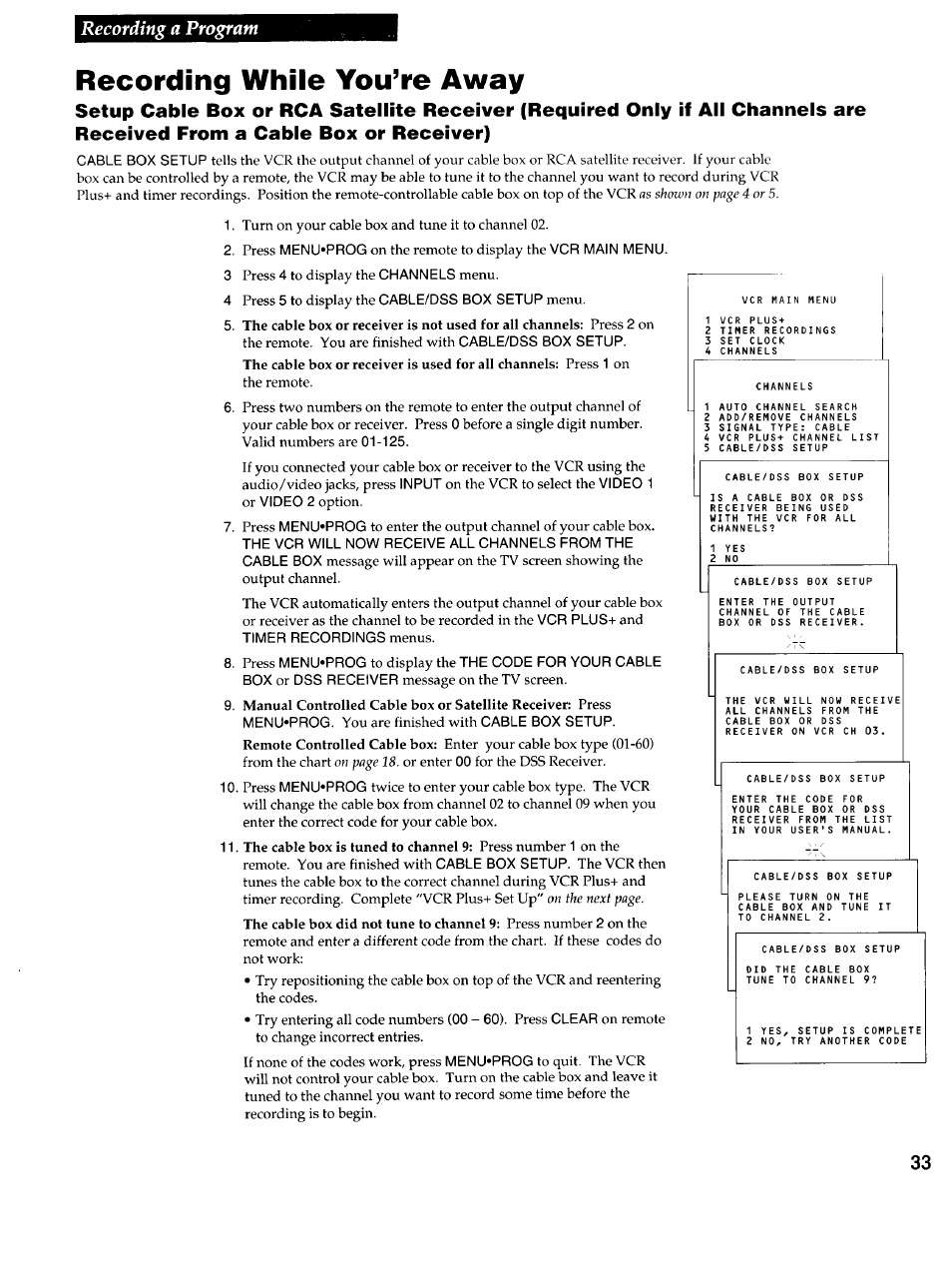 Recording while you’re away, Recording a program | RCA VR725HF User Manual | Page 35 / 56