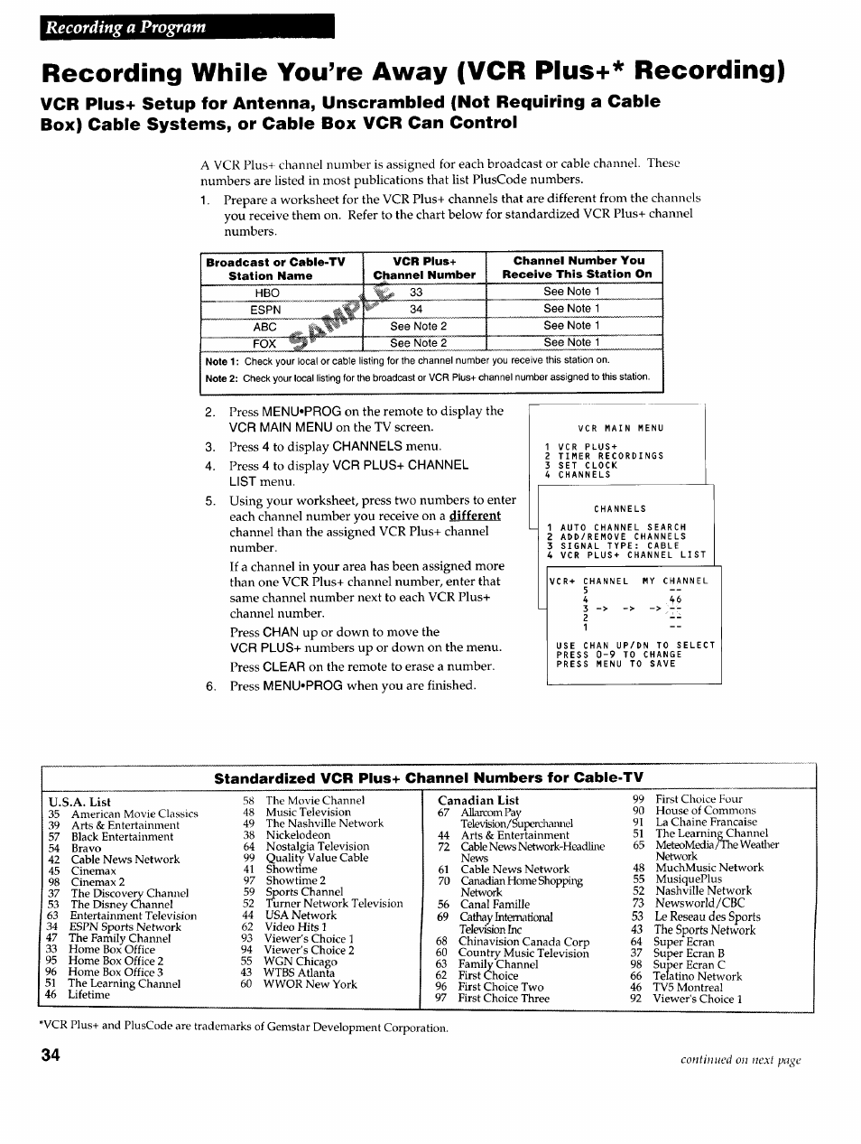 Recording while you’re away (vcr pius+* recording), Recording a program | RCA VR725HF User Manual | Page 36 / 56