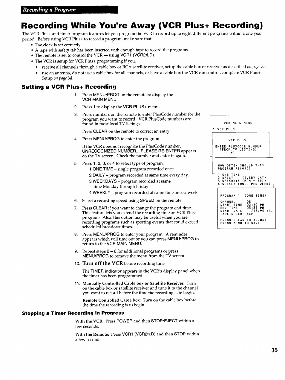 Setting a vcr plus+ recording, Recording while you’re away (vcr plus+ recording), Recording a program | RCA VR725HF User Manual | Page 37 / 56