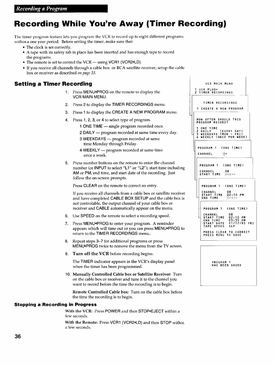 Setting a timer recording, Recording while you’re away (timer recording), Recording a program | RCA VR725HF User Manual | Page 38 / 56