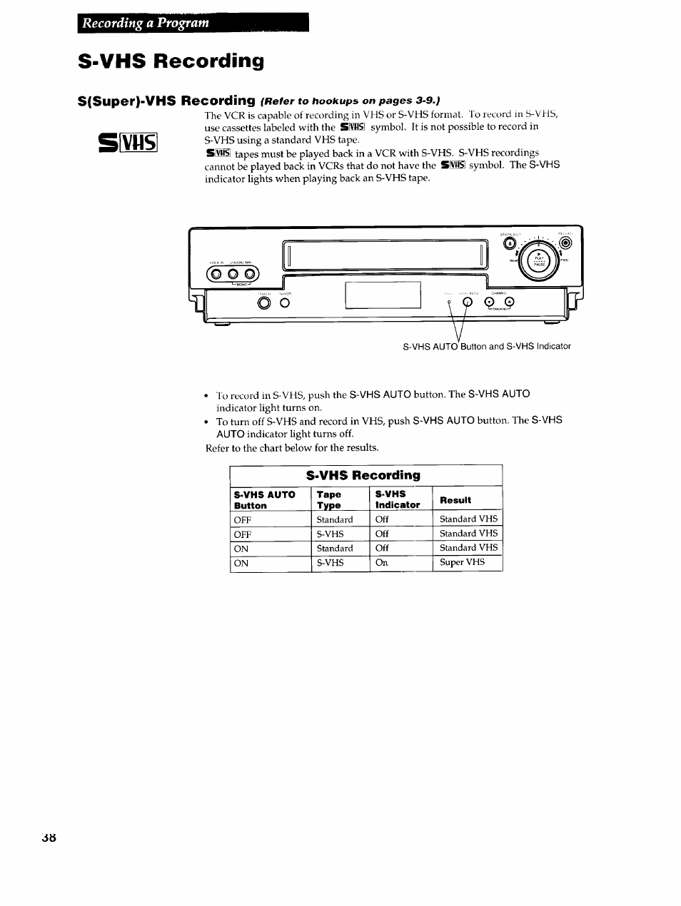 S-vhs recording, Recording a program, S(super)-vhs recording | RCA VR725HF User Manual | Page 40 / 56